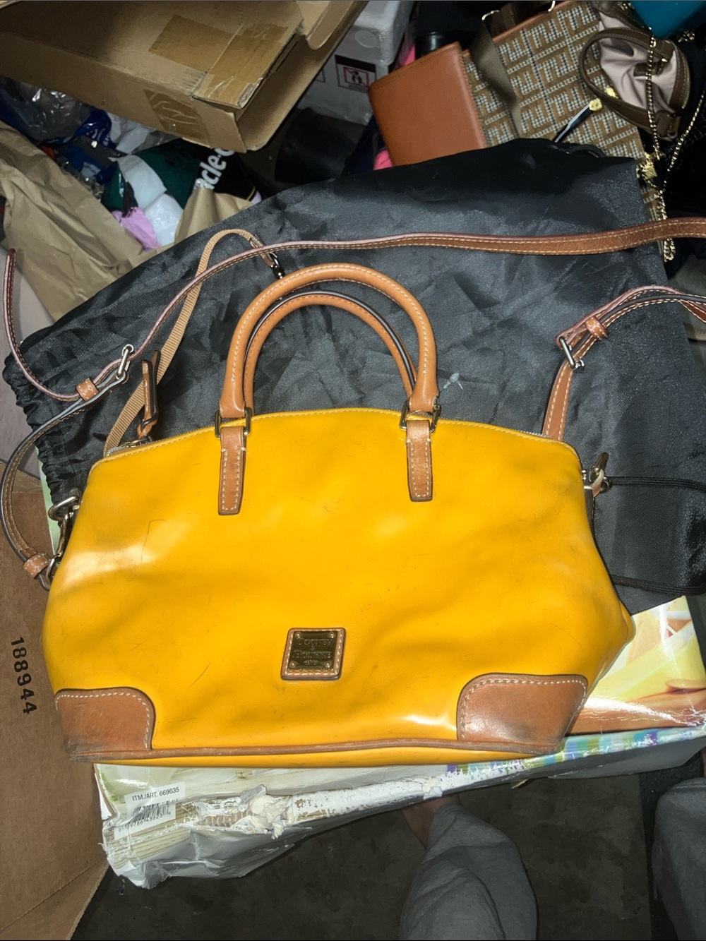 Dooney & Bourke Mustard Yellow Leather Satchel with Brown Trim